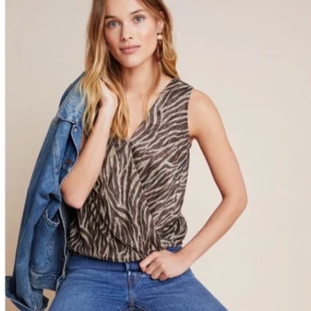 Anthropologie Eri + Ali Brown & Gold Animal Print Faux Wrap Sleeveless Top. XS